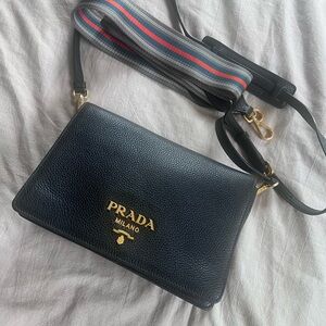 Prada Black Leather Crossbody Bag with Striped Strap.